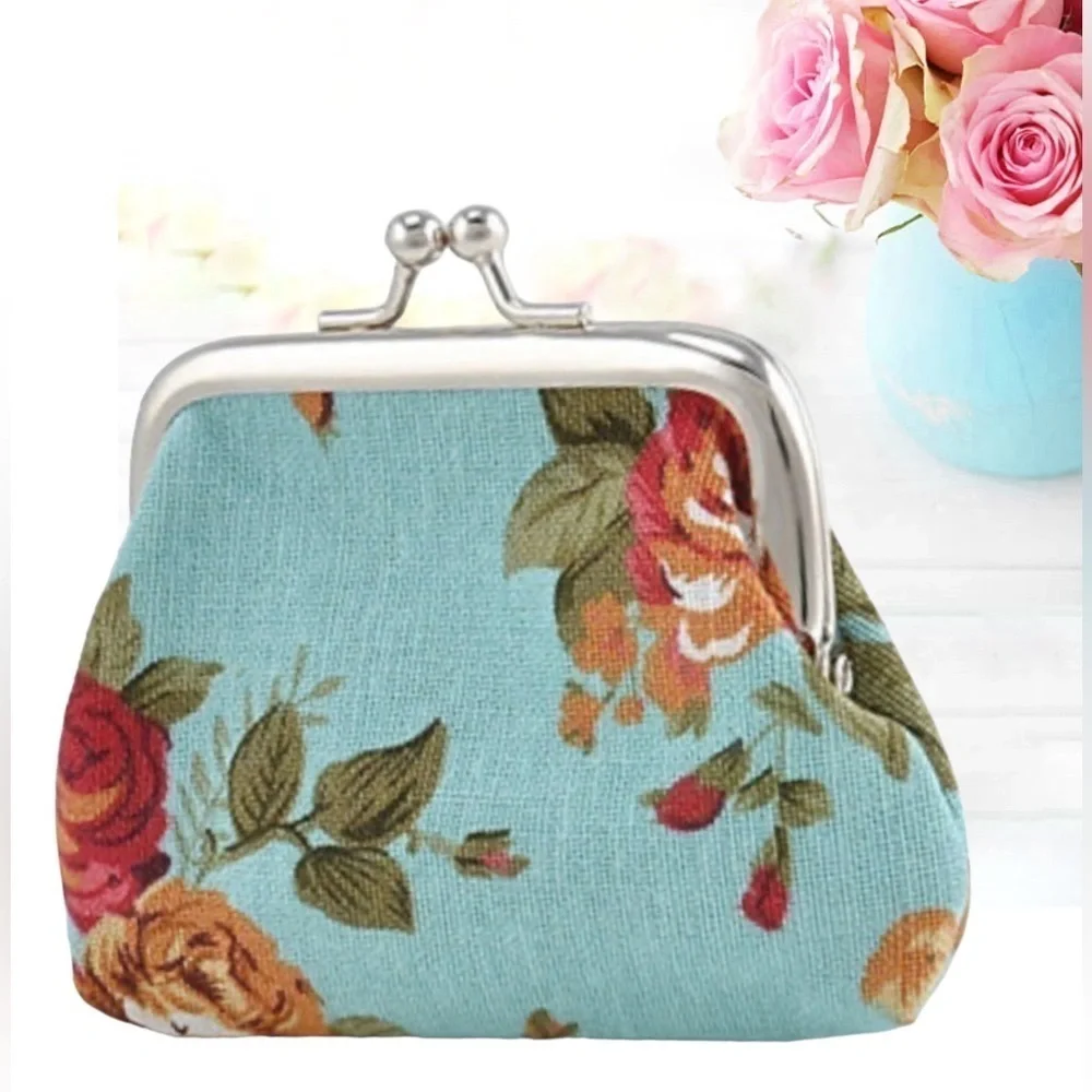 Purse Coin Bag French Kiss Clasp Storage Change Victorian Rose Floral Blue
